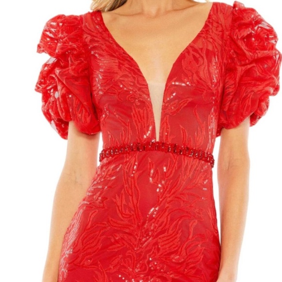 MAC DUGGAL Embellished Puff Sleeve Plunge Neck Trumpet Gown NWT Red Size 6 - Picture 4 of 6